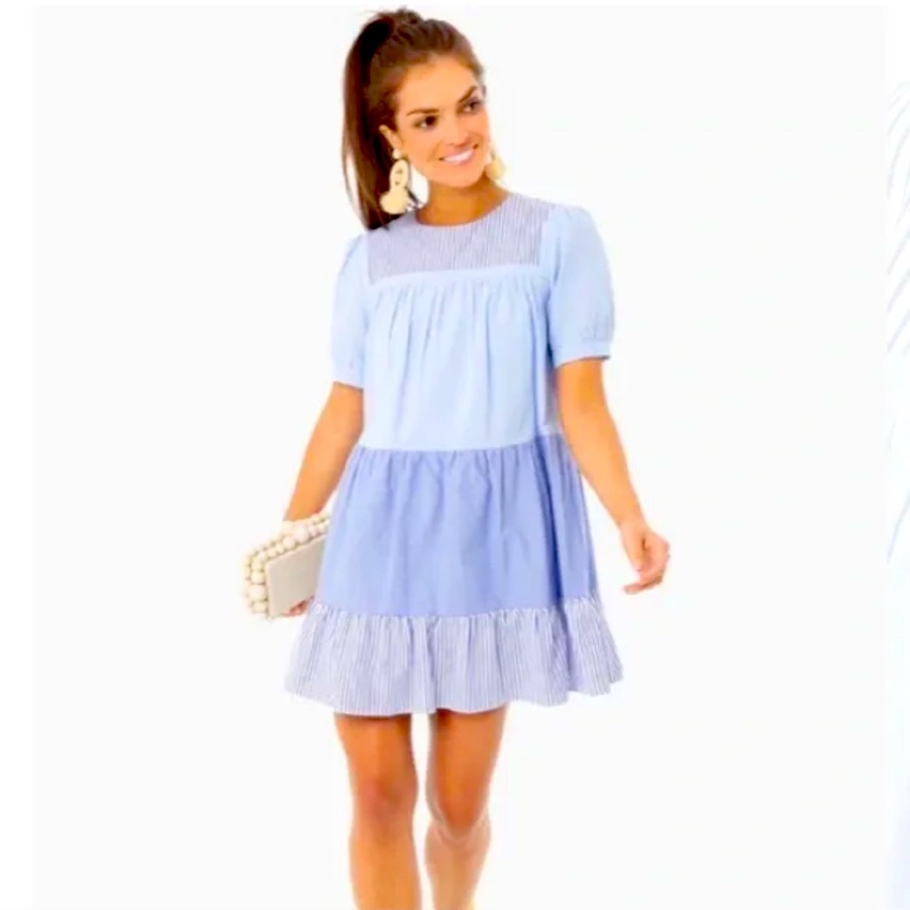 POMANDER PLACE Quinn Size S Serenity Blue Colorblock Lined Coastal Tiered Dress